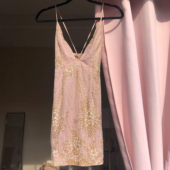 Hello Molly Dresses & Skirts - Champagne Glitter Lace-up Back Deep V Neck Bodycon Dress - Hello Molly